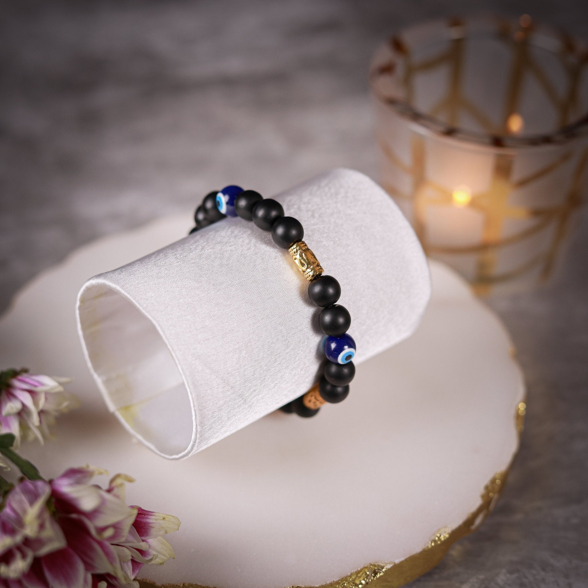 Samaara - Black Matte Beads With Golden Charm & Blue Evil Eye Women's Energy Bracelet - Atman Urja