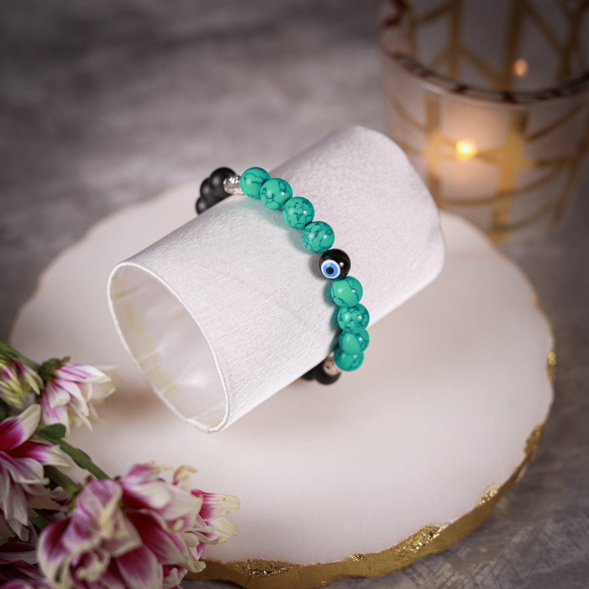 Karishma - Green Howlite & Matte Black Bead Evil Eye Women's Energy Bracelet - Atman Urja