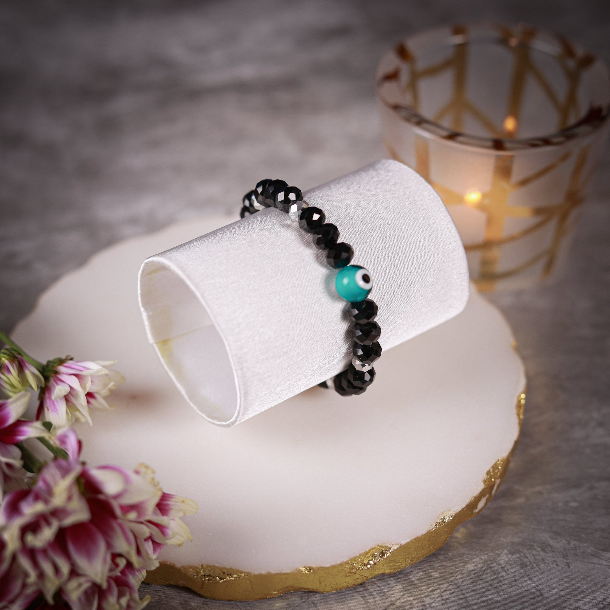 Aarini - Black with Silver Crystal & Teal Evil Eye Women's Energy Bracelet - Atman Urja