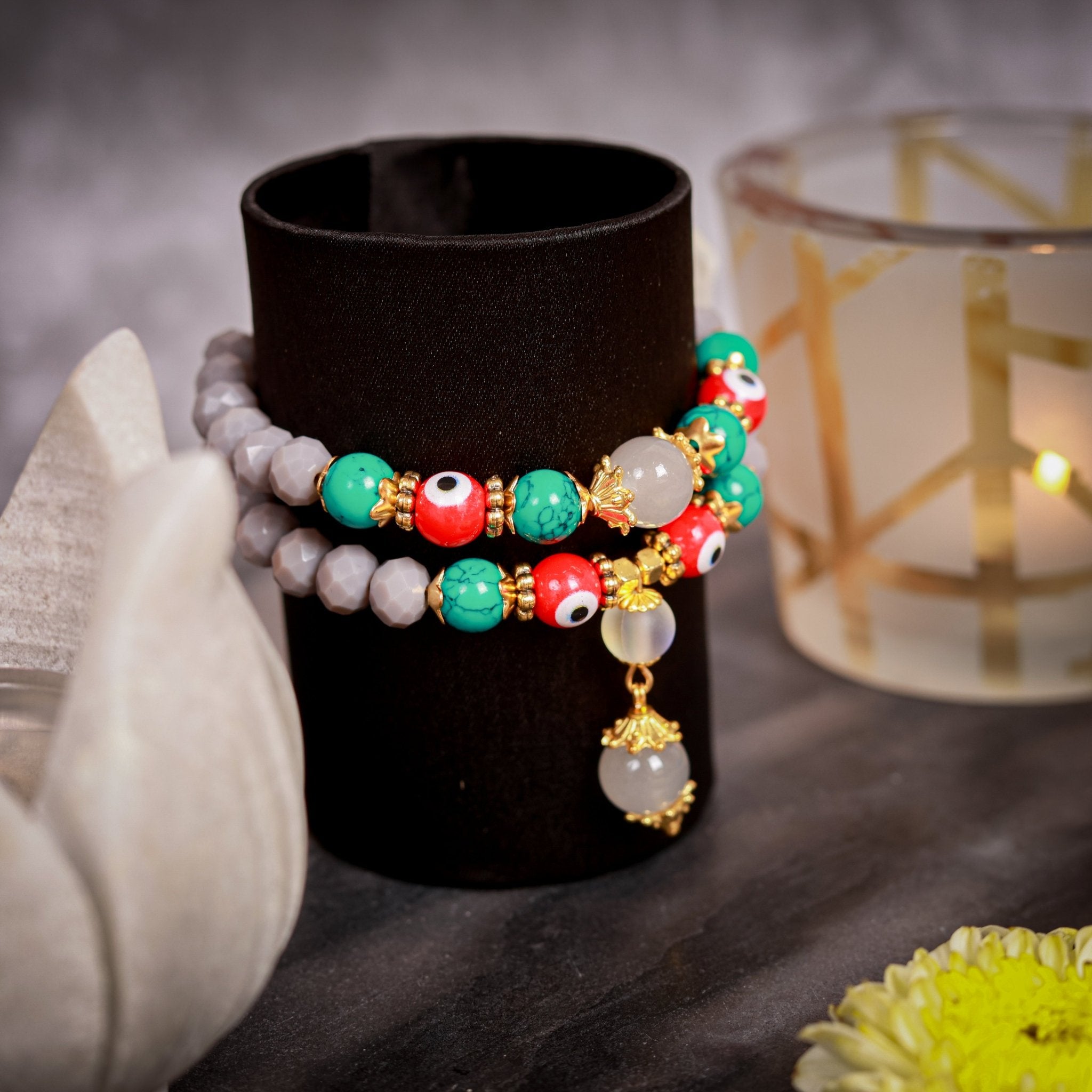 Kavya - Dual Strand Grey Crystal And Green Howlite Evil Eye Women's Energy Bracelet - Atman Urja