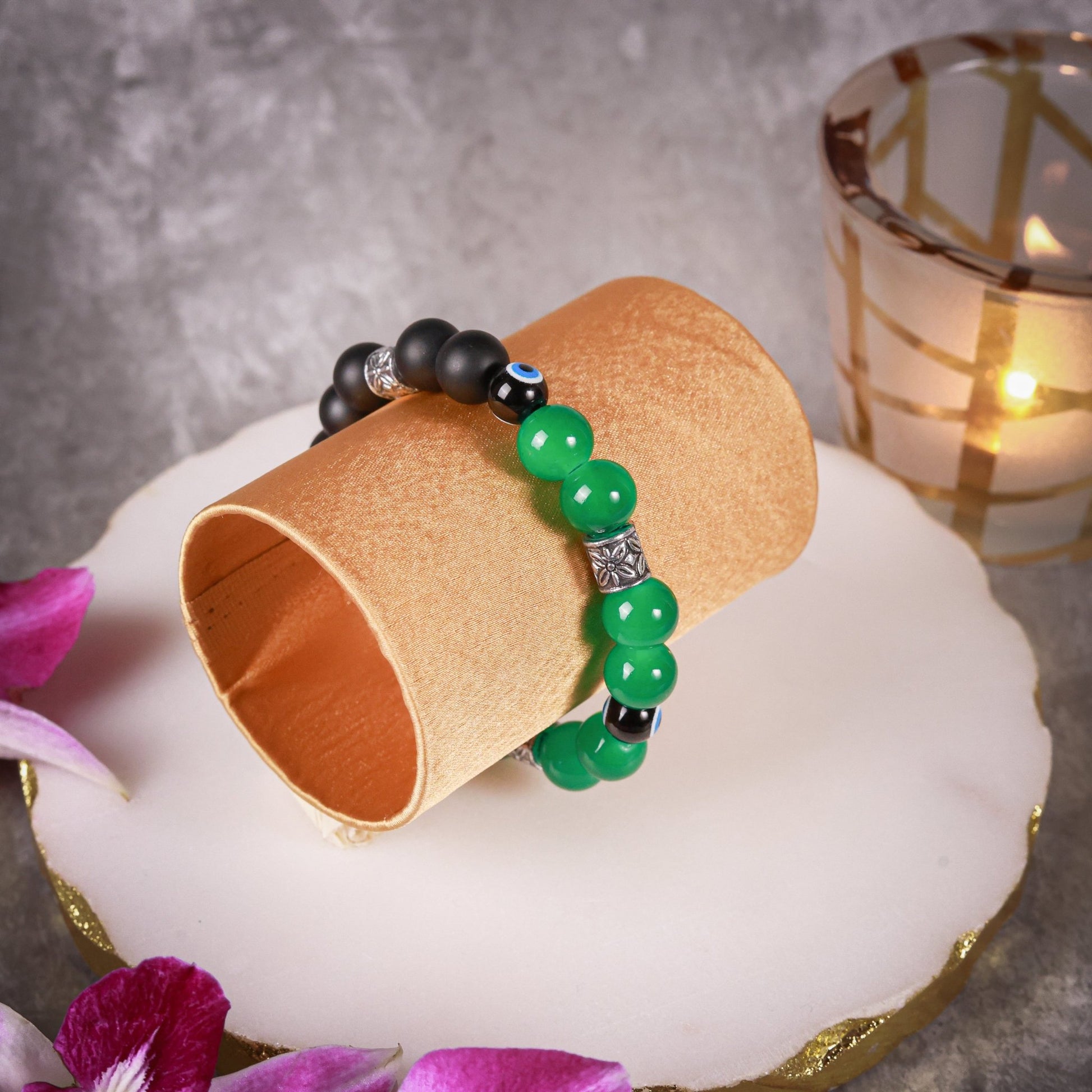 Green & Black Matte Bead with Black Evil Eye Men's Energy Bracelet - Atman Urja