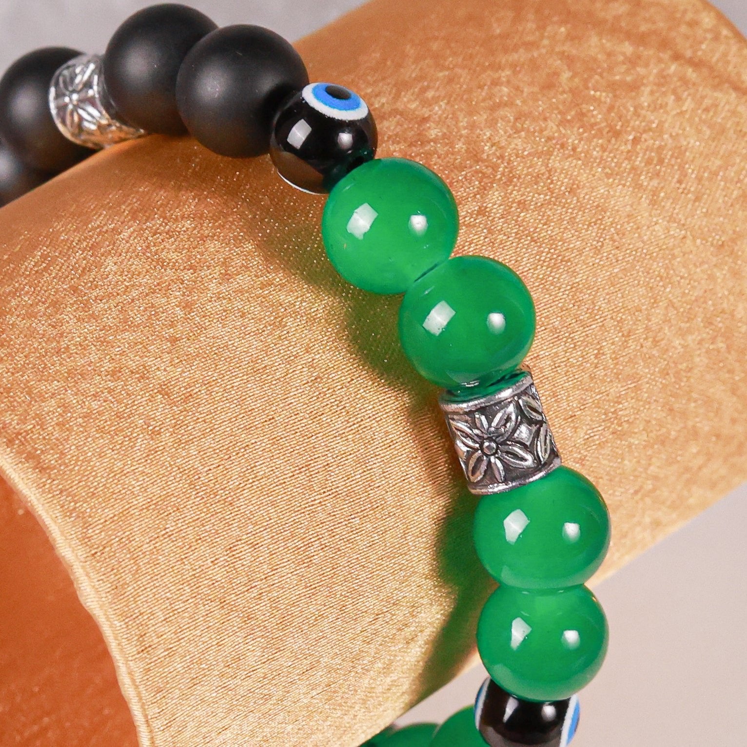 Green & Black Matte Bead with Black Evil Eye Men's Energy Bracelet - Atman Urja