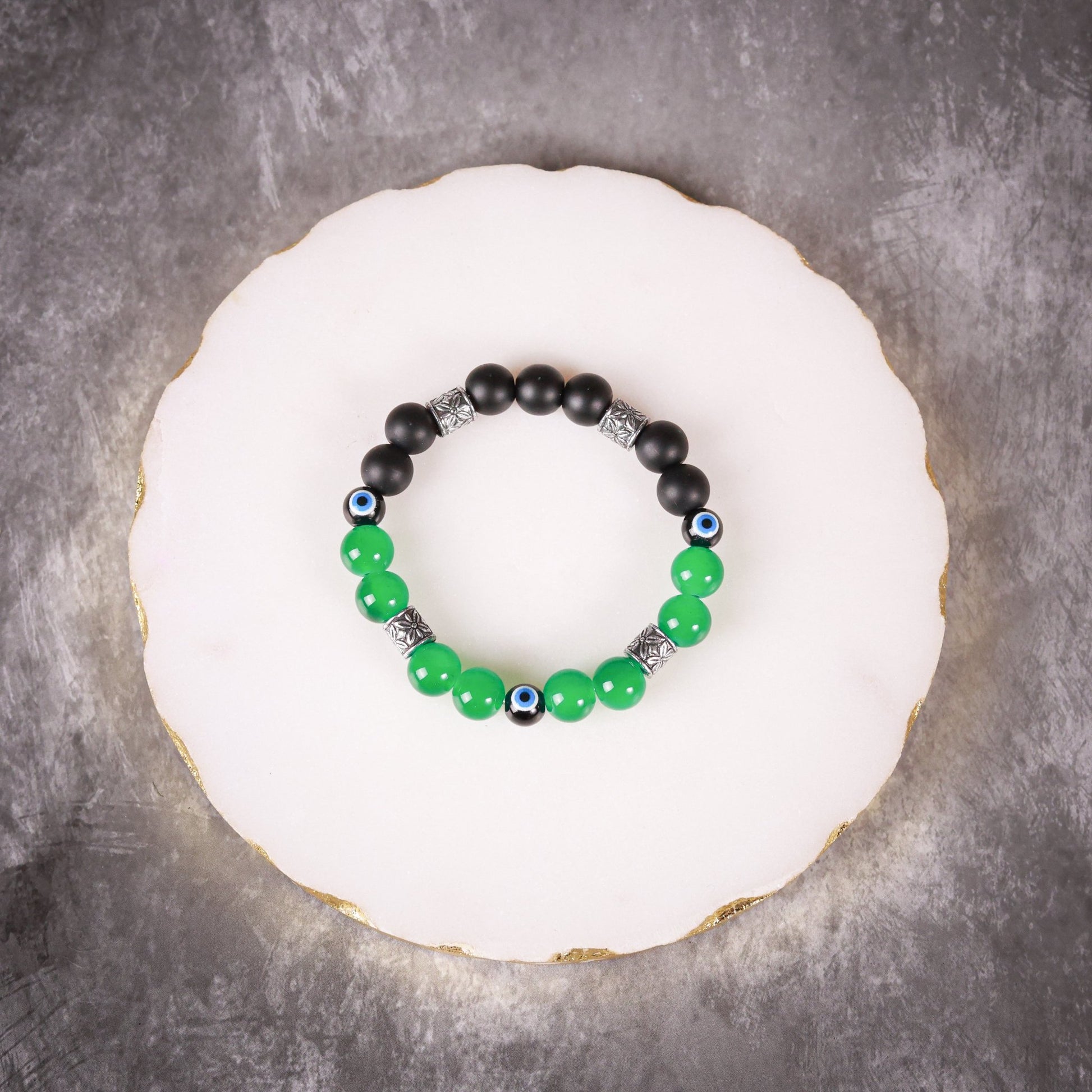 Green & Black Matte Bead with Black Evil Eye Men's Energy Bracelet - Atman Urja