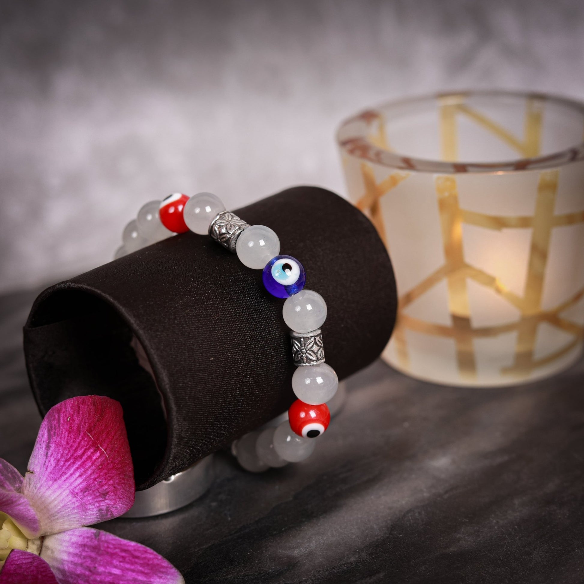 Grey Bead With Silver Charm & Red Evil Eye Men's Energy Bracelet - Atman Urja