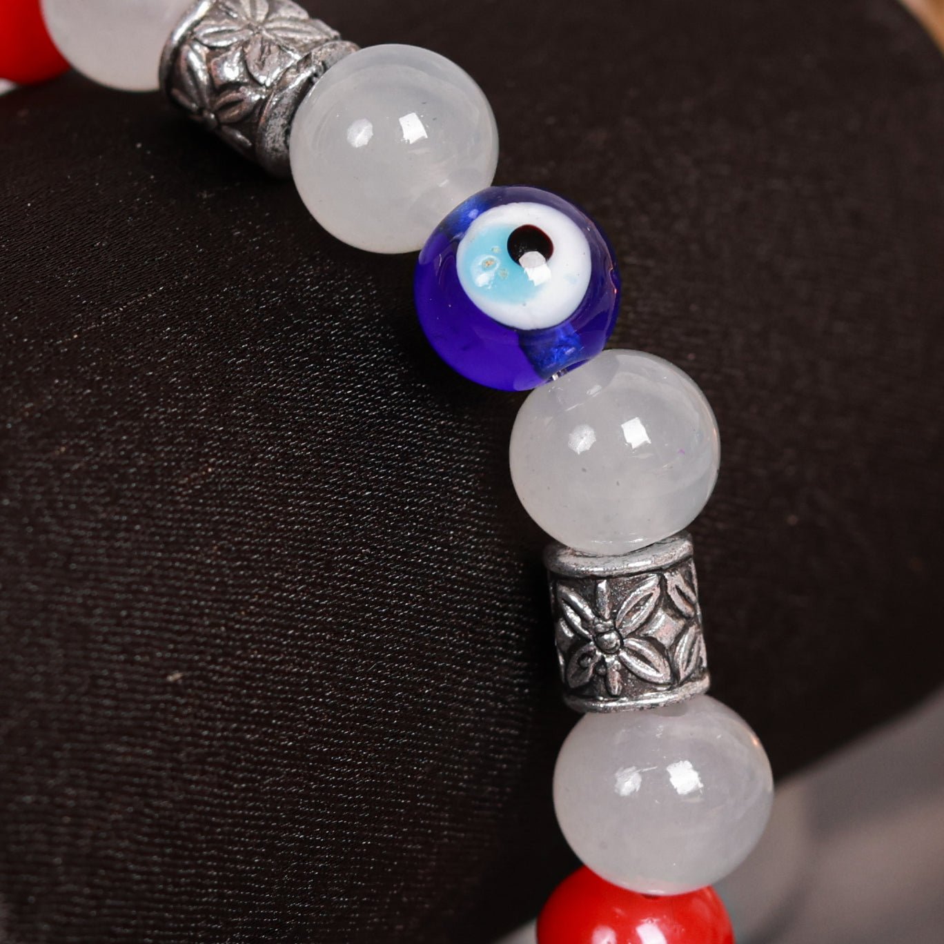 Grey Bead With Silver Charm & Red Evil Eye Men's Energy Bracelet - Atman Urja