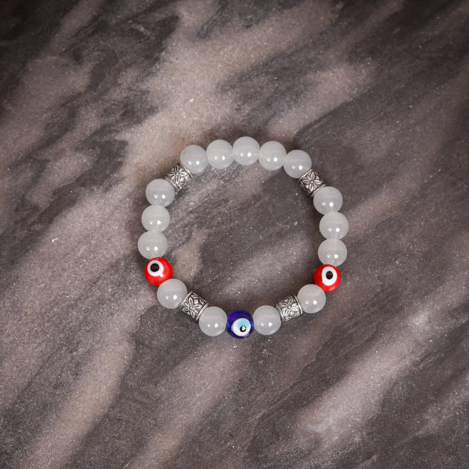 Grey Bead With Silver Charm & Red Evil Eye Men's Energy Bracelet - Atman Urja