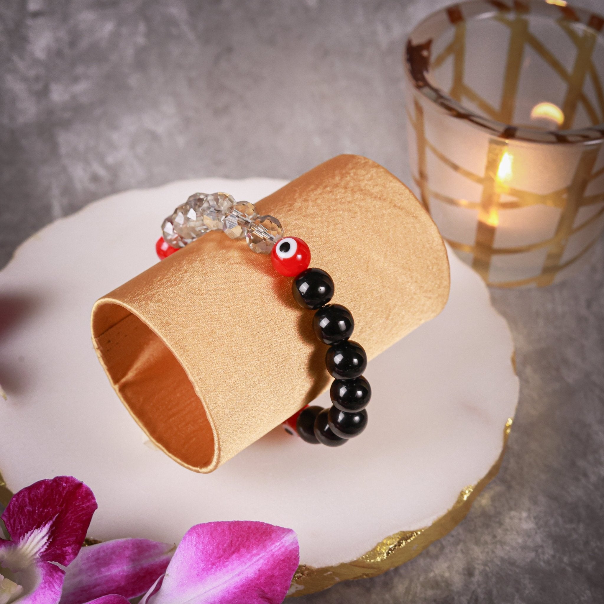 Grey Crystal & Black Bead With Red Evil Eye Men's Energy Bracelet - Atman Urja