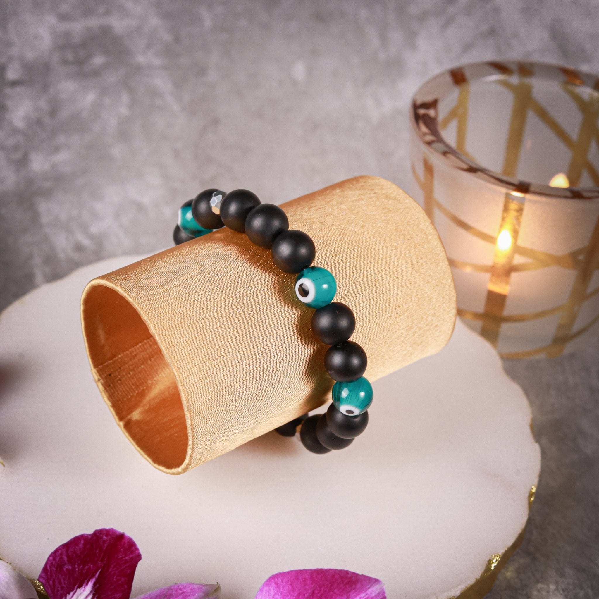 Black Matte Bead & Teal Evil Eye Men's Energy Bracelet - Atman Urja