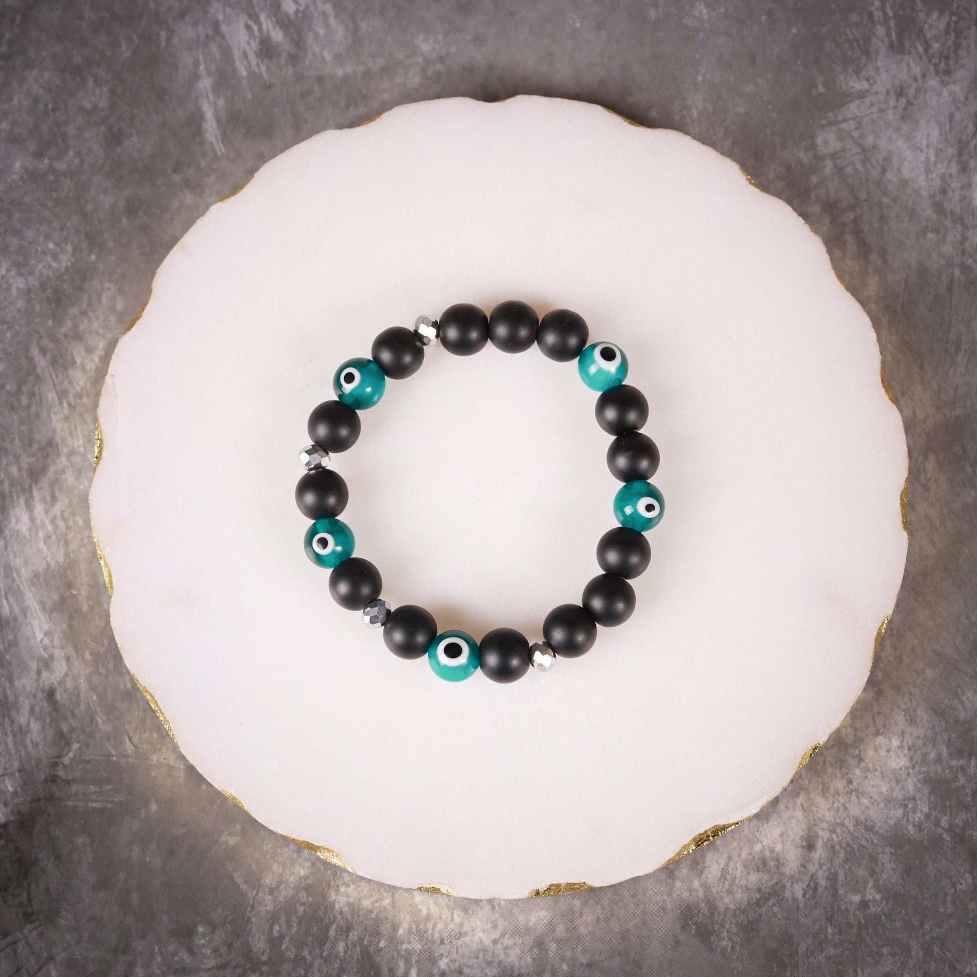 Black Matte Bead & Teal Evil Eye Men's Energy Bracelet - Atman Urja