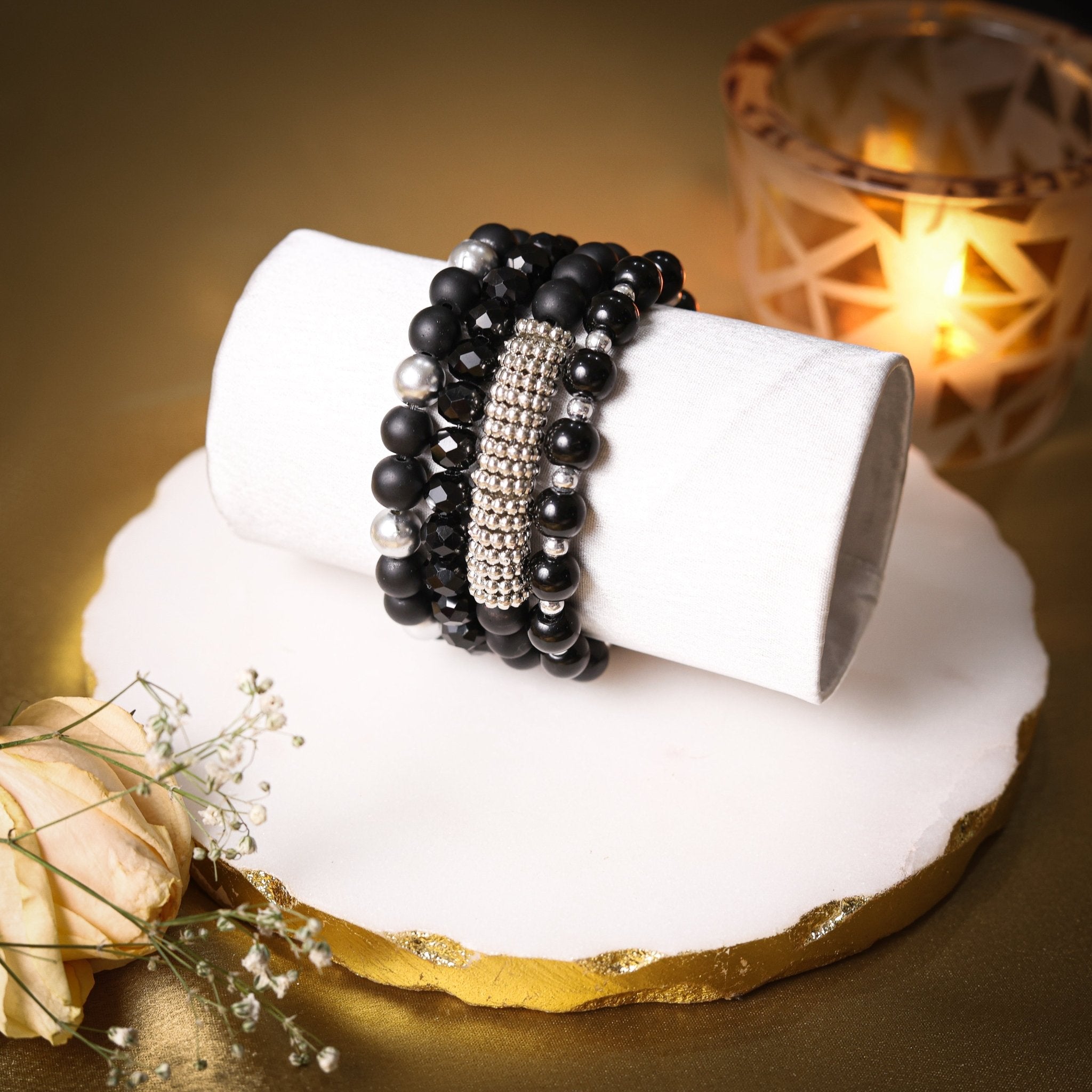 Devahuti - Stress Relief. Black & Siver Beads Energy Bracelet - Atman Urja