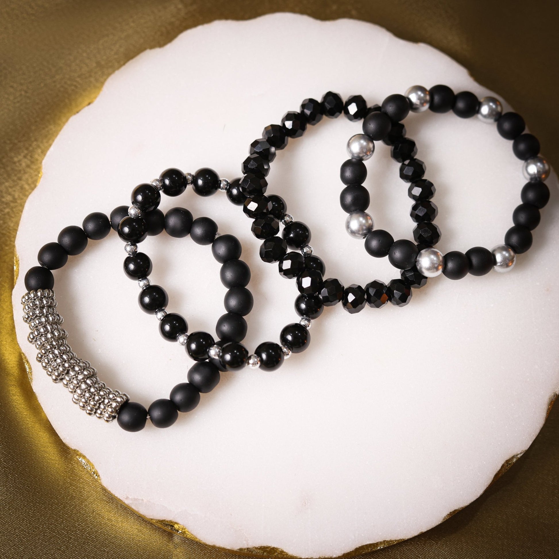 Devahuti - Stress Relief. Black & Siver Beads Energy Bracelet - Atman Urja