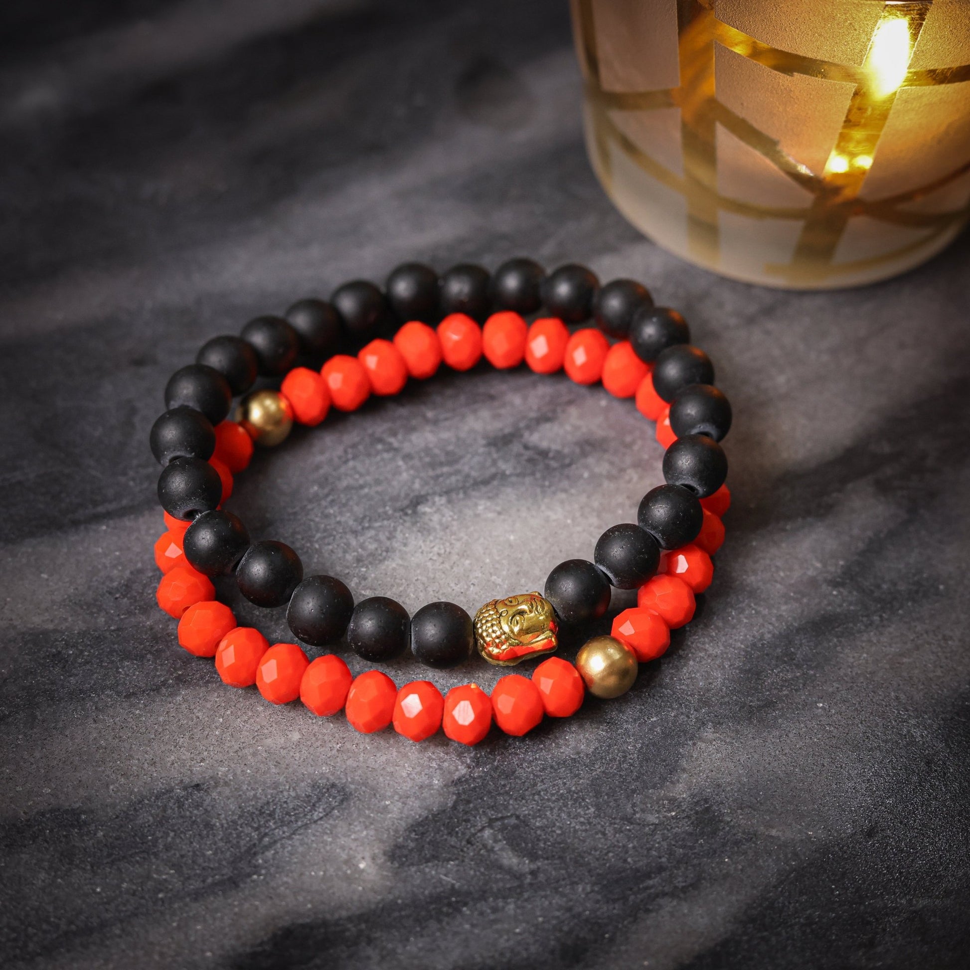 Durvasa - Stress Relief. Orange Crystal and Black Beads Energy Bracelet With Buddha Charm - Atman Urja