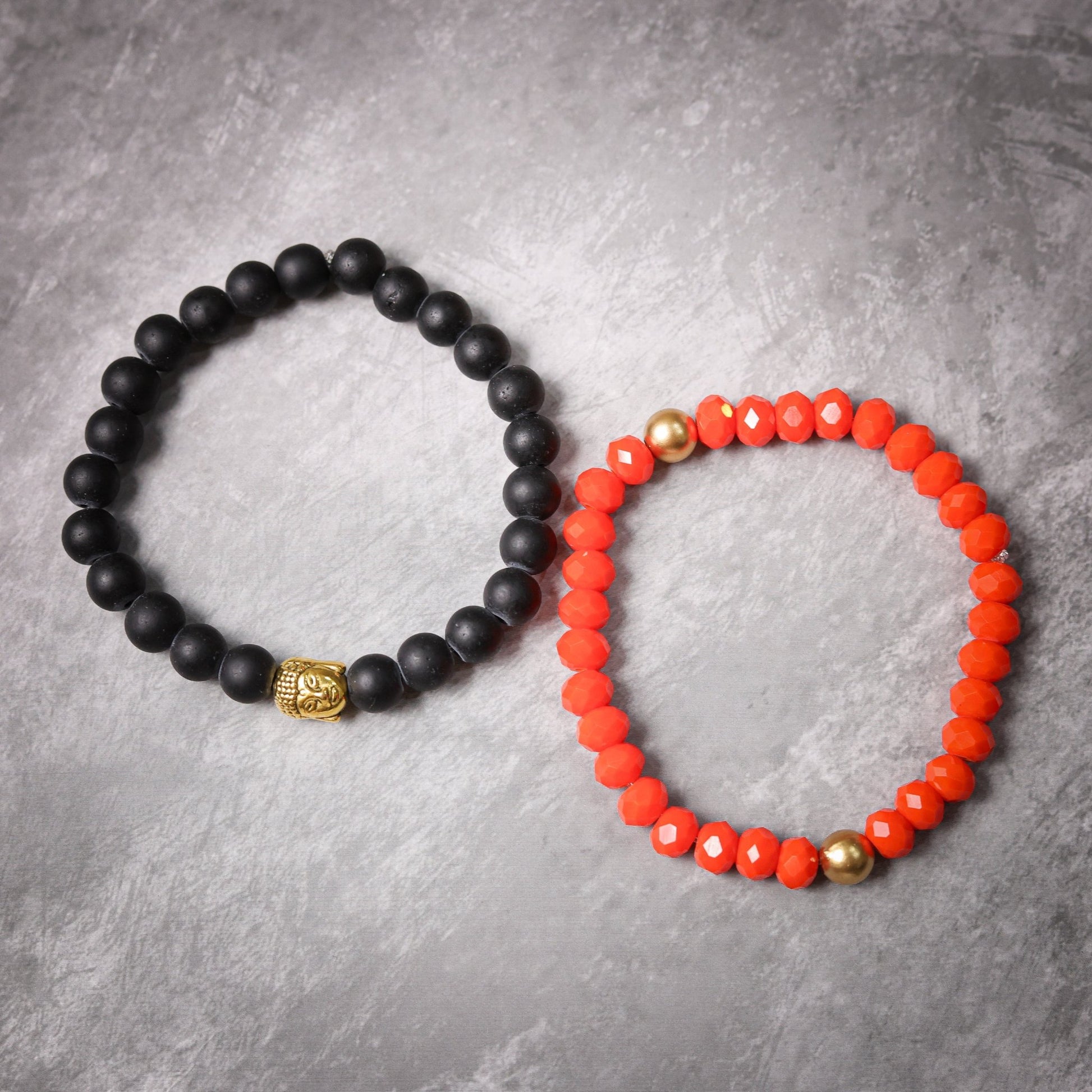 Durvasa - Stress Relief. Orange Crystal and Black Beads Energy Bracelet With Buddha Charm - Atman Urja