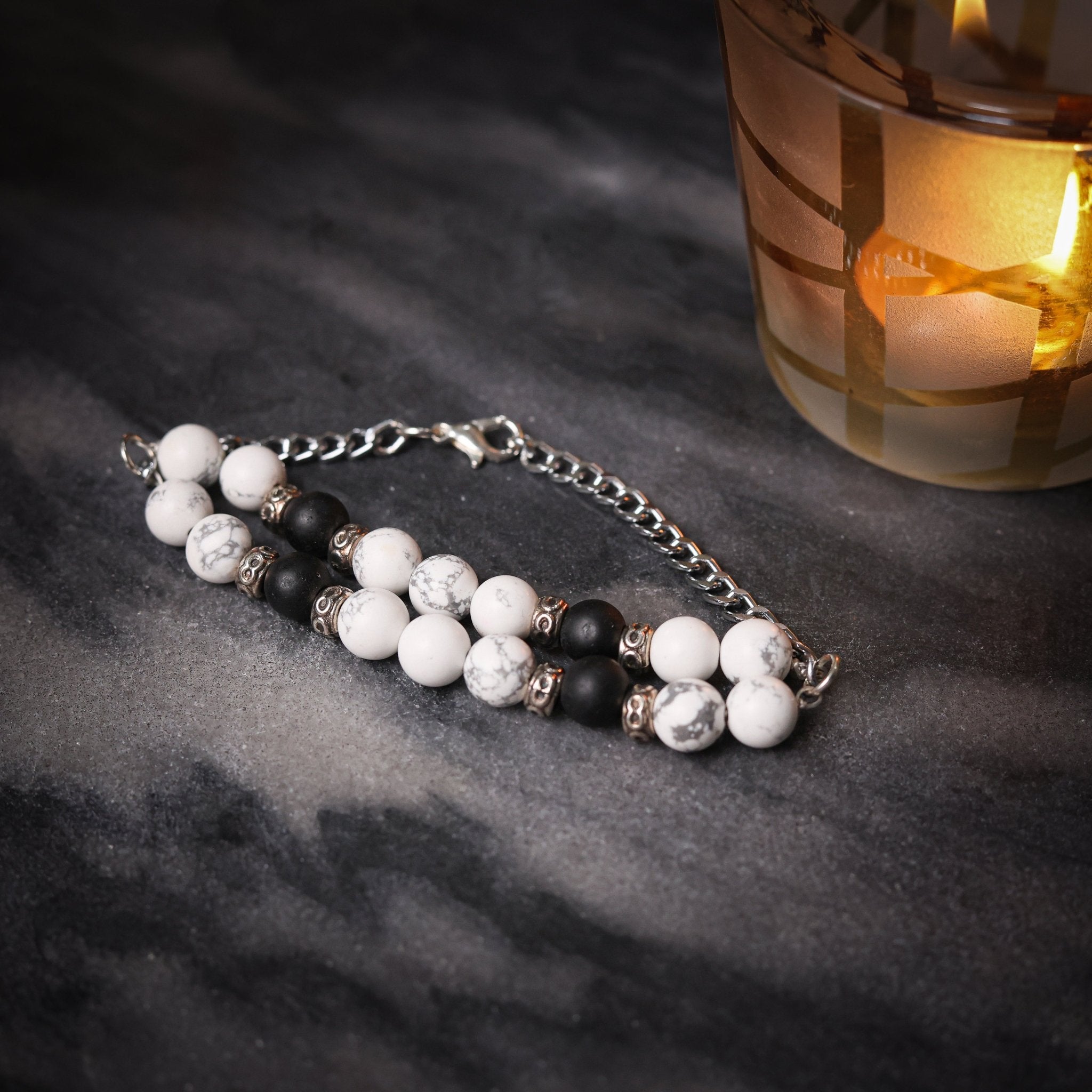 Dadichi - Stress Relief. White Howlite and Black Beads Energy Bracelet - Atman Urja